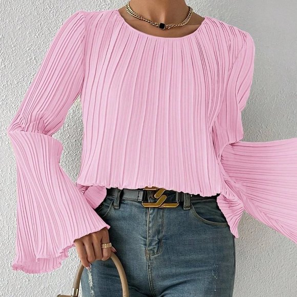 Baby Pink Boho Womens Solid Lettuce Trim Plisse Trumpet Sleeve Blouse - Picture 3 of 5